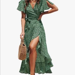 VNeck Ruffle Floral Wrap Maxi Dresses Flowy Summer Boho Maxi Dress with Tie Belt